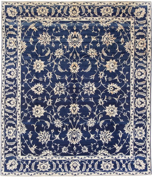 Full view of 1980s Isfahan rug from Iran / Persia, 280 × 236 cm in Dark blue tones