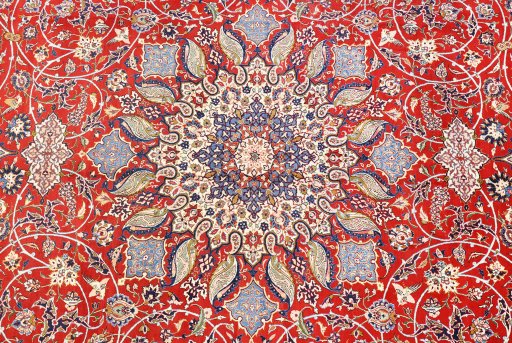 Close-up detail of 1930s Isfahan rug from Iran / Persia showing Wool weave