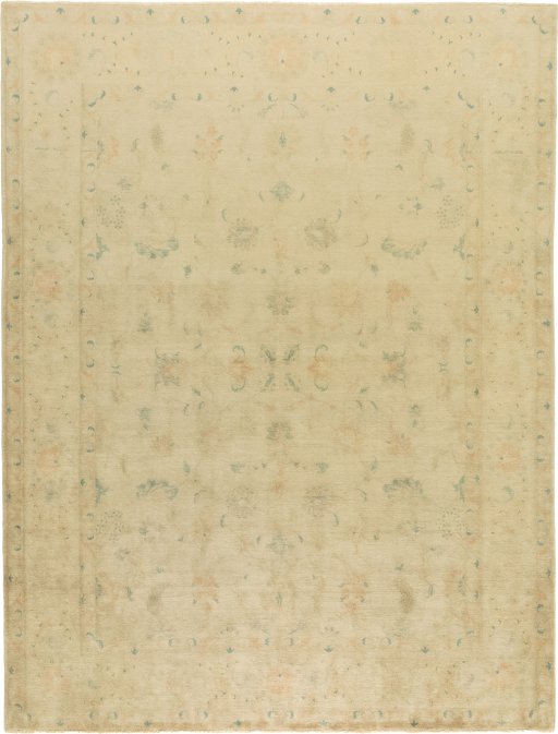 Full view of 1980s Isfahan rug from Iran / Persia, 381 × 294 cm in Beige tones