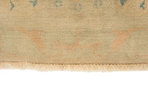 Full view of 1980s Isfahan rug from Iran / Persia, 381 × 294 cm in Beige tones