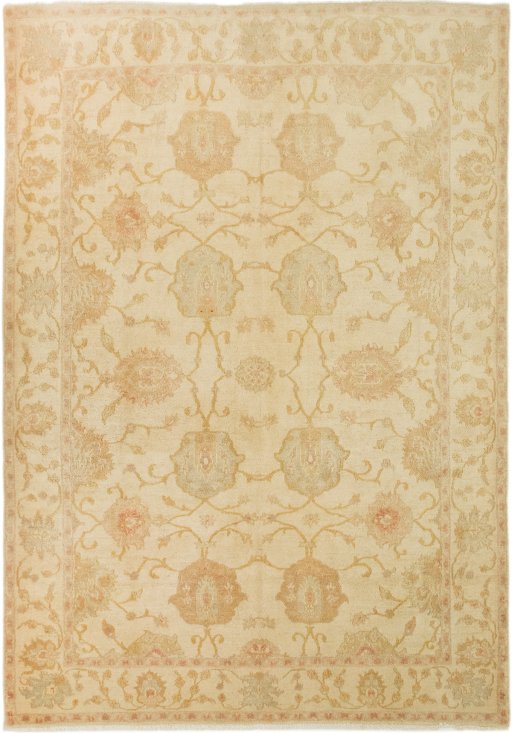 Full view of 1980s Isfahan rug from Iran / Persia, 276 × 193 cm in Beige tones