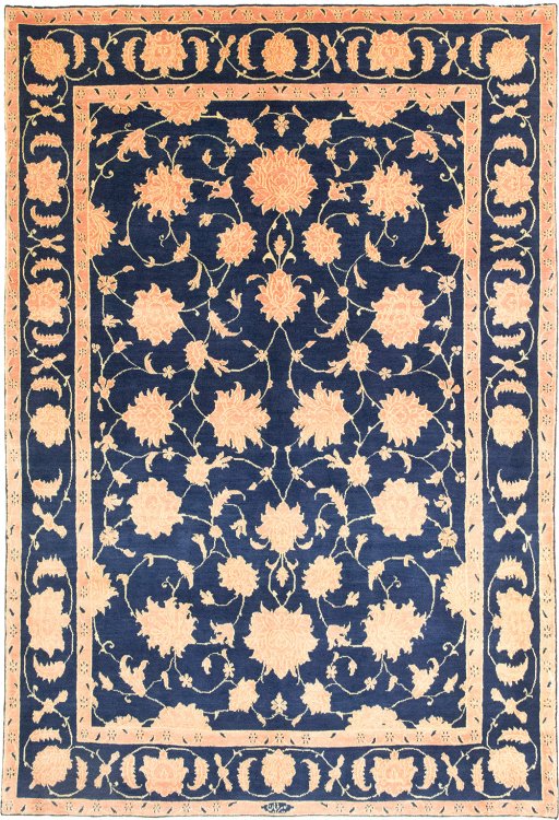Full view of 1980s Isfahan rug from Iran / Persia, 281 × 192 cm in Dark blue tones