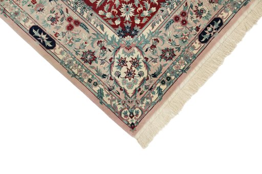Backside of handmade New Isfahan rug showing knot structure and weave density