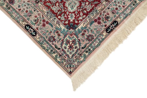 Backside of handmade New Isfahan rug showing knot structure and weave density