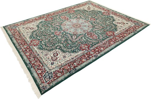 Corner detail of New Isfahan rug showing border pattern and Wool pile