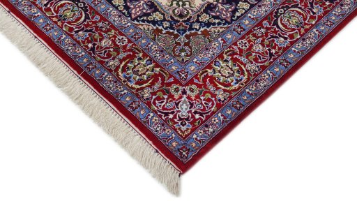 Backside of handmade New Isfahan rug showing knot structure and weave density
