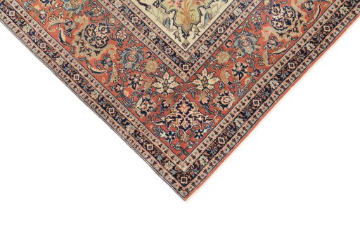 Backside of handmade 1920s Isfahan rug showing knot structure and weave density
