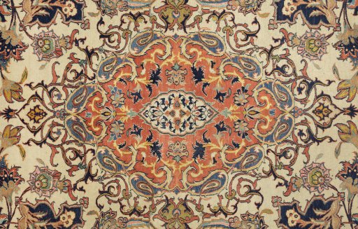 Close-up detail of 1920s Isfahan rug from Iran / Persia showing Wool weave