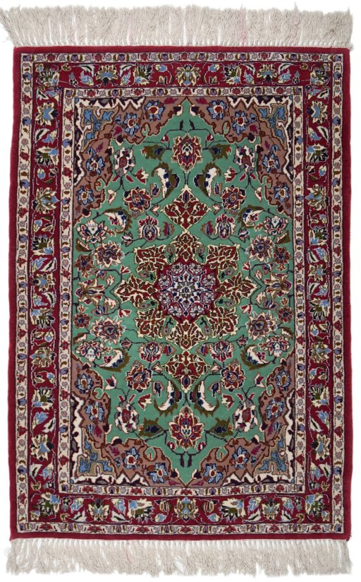 Full view of 1990s Isfahan rug from Iran / Persia, 106 × 69 cm in Green tones