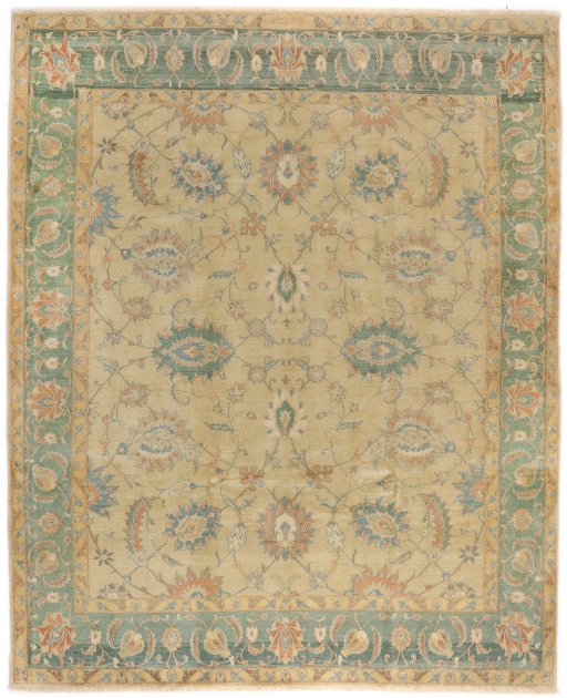 Full view of New Isfahan rug from Iran / Persia, 293 × 236 cm in Beige tones