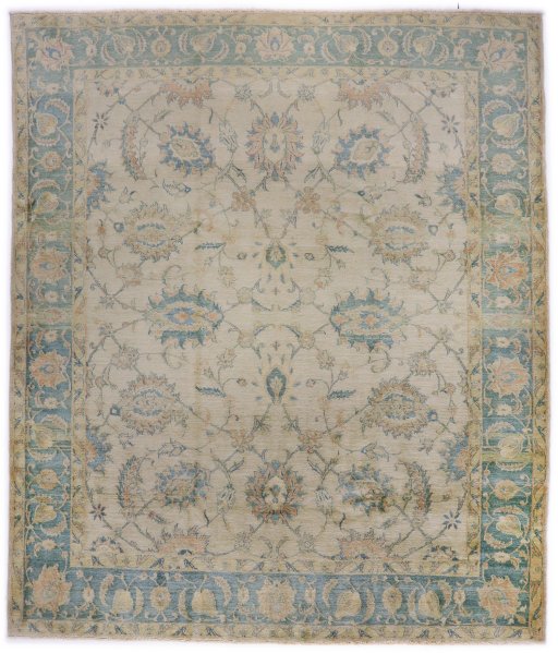 Full view of New Isfahan rug from Iran / Persia, 285 × 247 cm in Beige tones