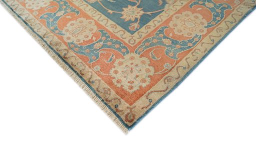 Backside of handmade New Isfahan rug showing knot structure and weave density