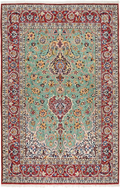 Full view of 1990s Isfahan rug from Iran / Persia, 226 × 146 cm in Green tones
