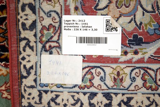 Close-up detail of 1990s Isfahan rug from Iran / Persia showing Wool weave