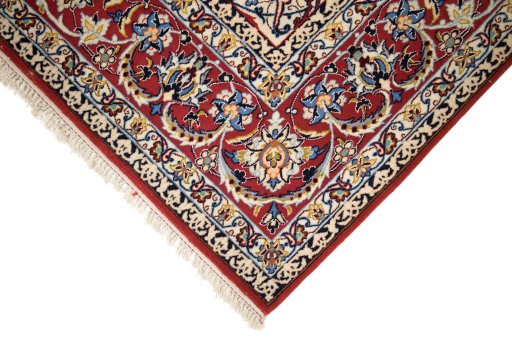 Backside of handmade 1990s Isfahan rug showing knot structure and weave density