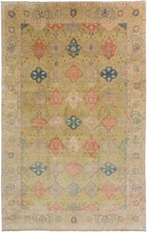 Full view of New Isfahan rug from Iran / Persia, 520 × 385 cm in Yellow tones