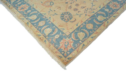 Backside of handmade New Isfahan rug showing knot structure and weave density