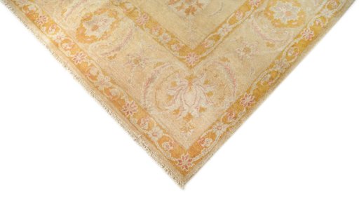 Backside of handmade New Isfahan rug showing knot structure and weave density