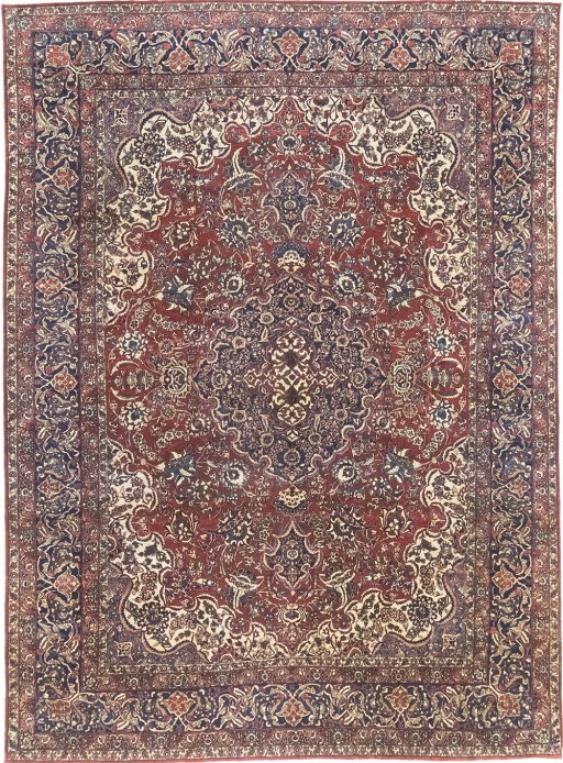 Full view of 1920s Isfahan rug from Iran / Persia, 438 × 320 cm in Dark red tones