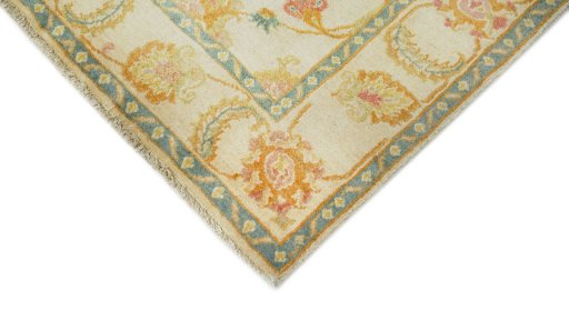 Backside of handmade New Isfahan rug showing knot structure and weave density