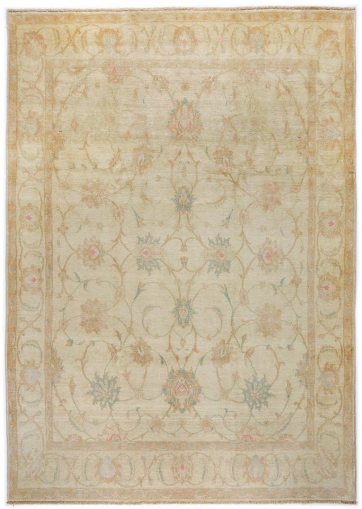 Full view of New Isfahan rug from Iran / Persia, 322 × 230 cm in Beige tones