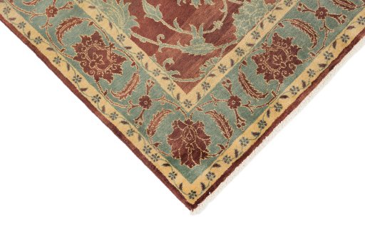 Backside of handmade New Isfahan rug showing knot structure and weave density