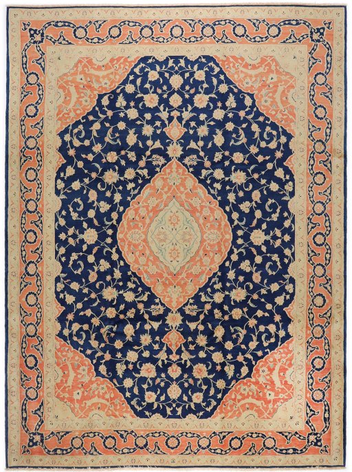 Full view of New Isfahan rug from Iran / Persia, 352 × 255 cm in Dark blue tones