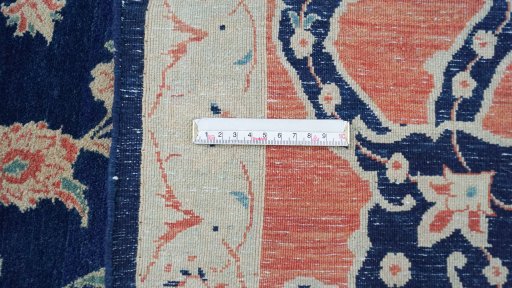 Full view of New Isfahan rug from Iran / Persia, 352 × 255 cm in Dark blue tones