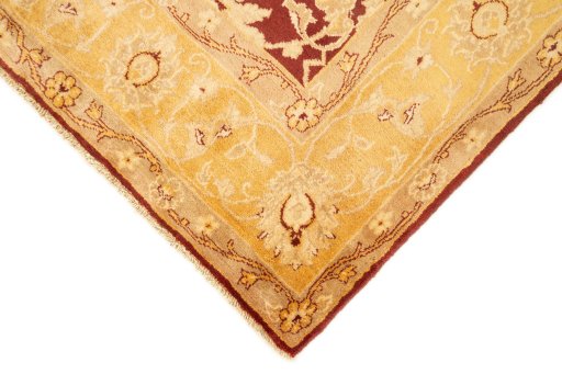 Backside of handmade New Isfahan rug showing knot structure and weave density