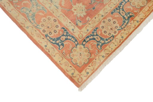 Backside of handmade New Isfahan rug showing knot structure and weave density