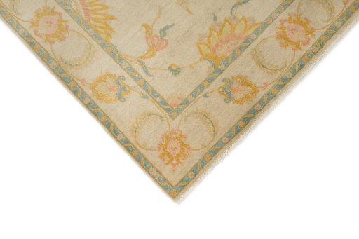 Backside of handmade New Isfahan rug showing knot structure and weave density