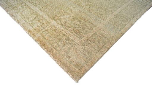 Backside of handmade New Isfahan rug showing knot structure and weave density