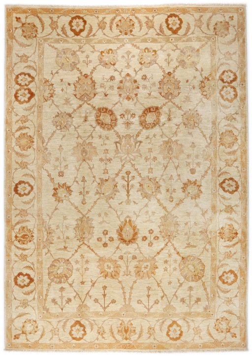 Full view of New Isfahan rug from Iran / Persia, 343 × 243 cm in Beige tones
