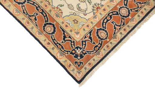Backside of handmade New Isfahan rug showing knot structure and weave density