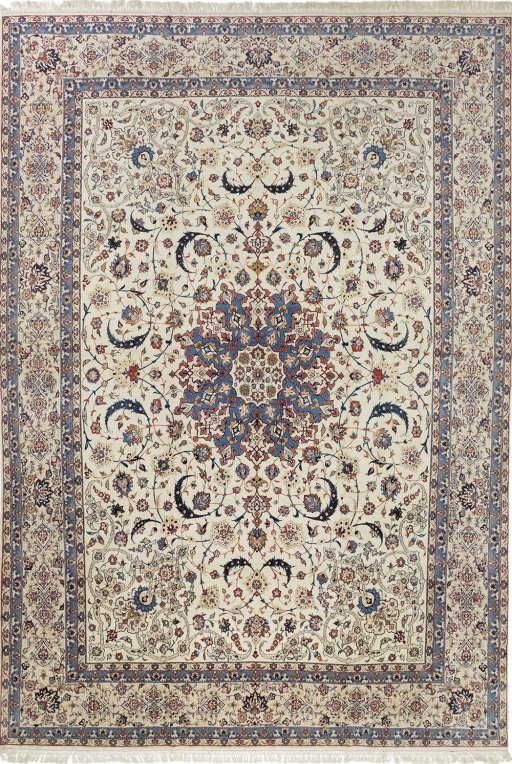 Full view of 1970s Isfahan rug from Iran / Persia, 440 × 320 cm in Cream tones