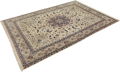 Corner detail of 1970s Isfahan rug showing border pattern and Silk pile