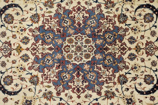 Backside of handmade 1970s Isfahan rug showing knot structure and weave density