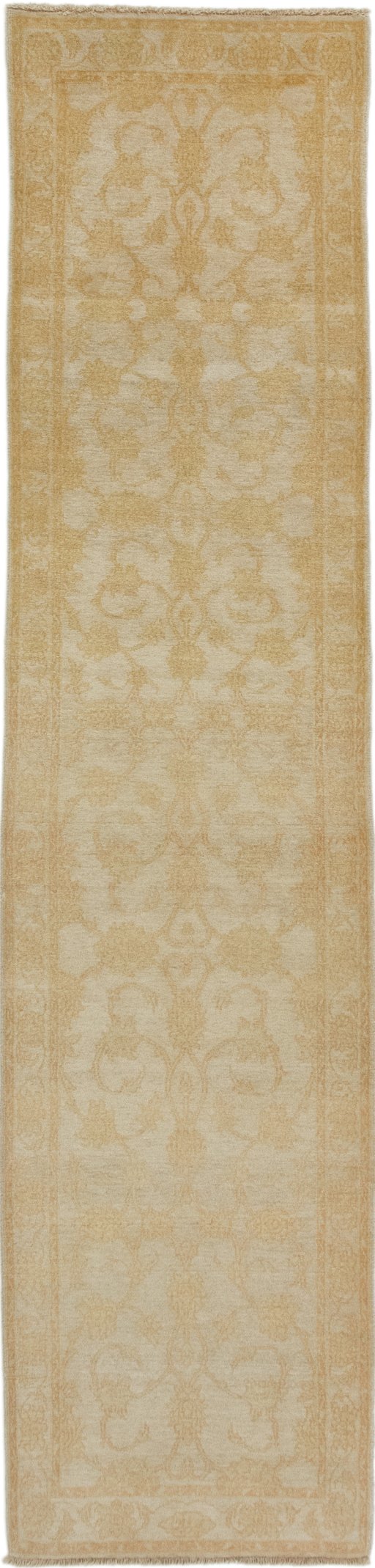 Full view of New Isfahan rug from Iran / Persia, 335 × 75 cm in Beige tones
