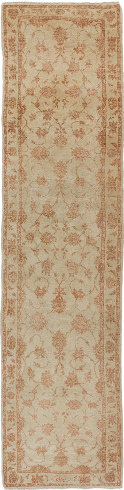 Full view of New Isfahan rug from Iran / Persia, 350 × 95 cm in Cream tones