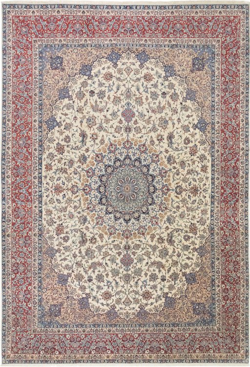 Full view of 1970s Isfahan rug from Iran / Persia, 455 × 310 cm in Cream tones