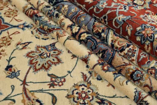 Corner detail of 1970s Isfahan rug showing border pattern and Cork pile
