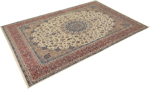 Corner detail of 1970s Isfahan rug showing border pattern and Cork pile