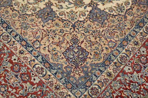 Backside of handmade 1970s Isfahan rug showing knot structure and weave density