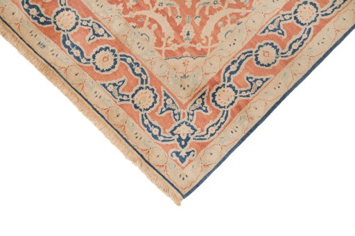 Backside of handmade New Isfahan rug showing knot structure and weave density