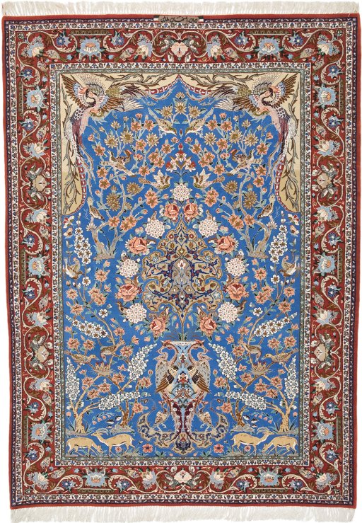 Full view of 1990s Isfahan rug from Iran / Persia, 219 × 158 cm in Blue tones