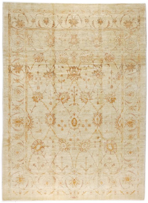 Full view of New Isfahan rug from Iran / Persia, 336 × 224 cm in Beige tones