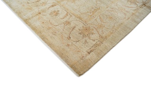 Backside of handmade New Isfahan rug showing knot structure and weave density