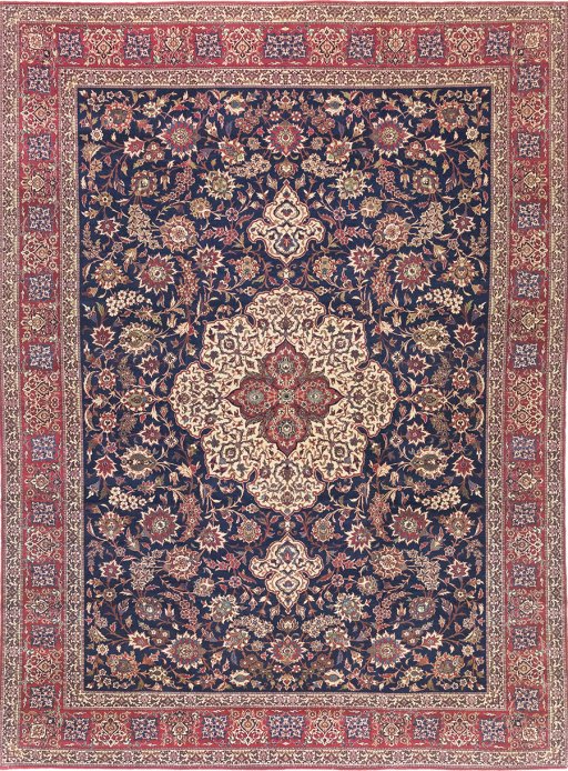 Full view of 1930s Isfahan rug from Iran / Persia, 419 × 312 cm in Dark blue tones