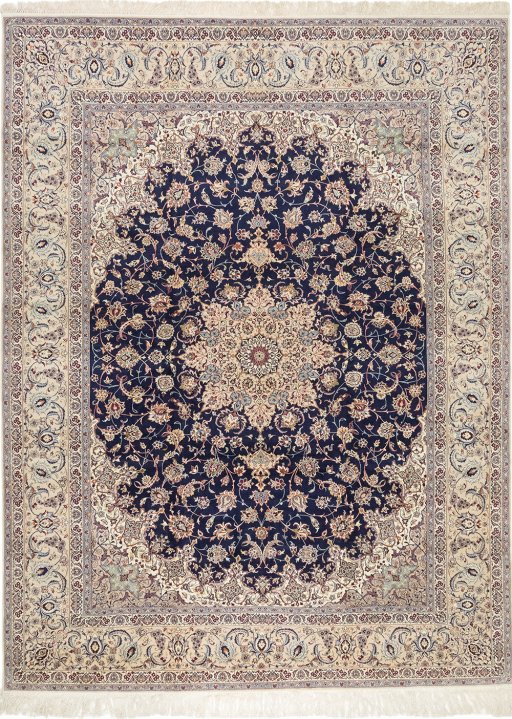 Full view of 1980s Isfahan rug from Iran / Persia, 412 × 312 cm in Dark blue tones