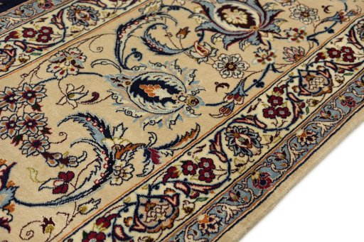 Close-up detail of 1980s Isfahan rug from Iran / Persia showing Wool weave